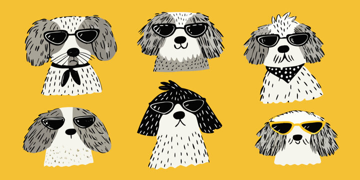 Dogs Wearing Sunglasses A Playful Vector Illustration With Yellow Background