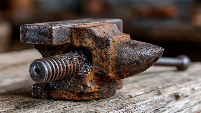 Rusted industrial cast-iron workshop vise jaw mounted on oak bench shows accumulated metal filings embedded in threaded leadscrew, forged steel handle worn smooth, machinist's scribed layout lines v