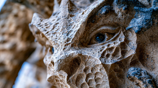 Sagrada Familia Nativity facade stone canopy in extreme close-up macro, Gaud&iacute; naturalistic sculptural organisms emerging from Montjuic sandstone surface, hyperboloid tower geometry, biomimetic archi