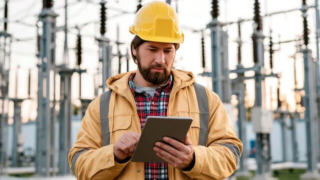 Electrical engineer inspecting power grid.	