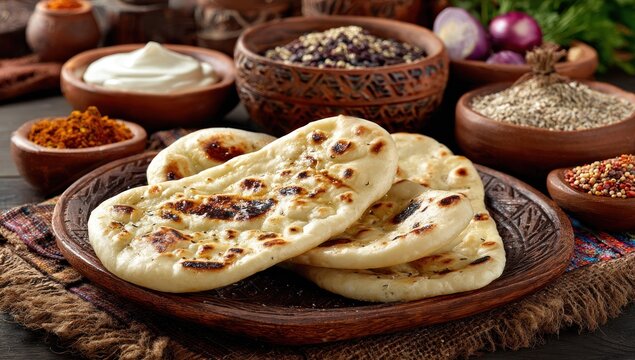 Cooked flatbreads rest on a rustic plate surrounded by various spices and dips in a warm setting