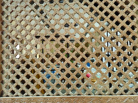 Traditional Handcrafted Jali Screen with Intricate Geometric Pattern, Decorative Lattice Architecture, Natural Craftsmanship, Heritage Design, Ventilation Panel and Ornamental Background