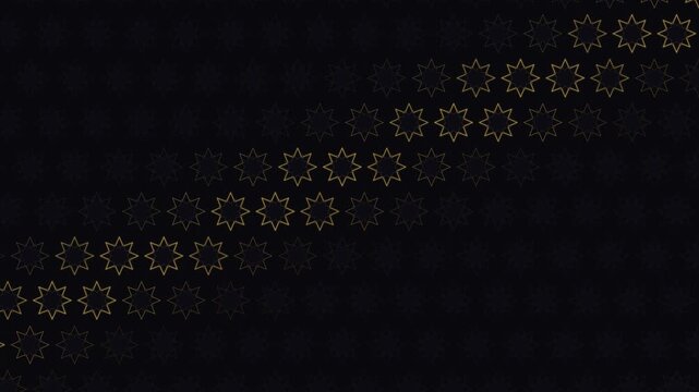 Gold geometric stars moving diagonally on black background
