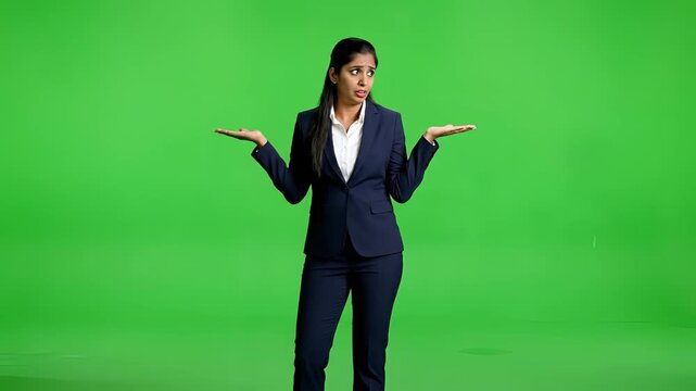 Businesswoman Shrugging Shoulders with Open Palms on Green Screen Background.