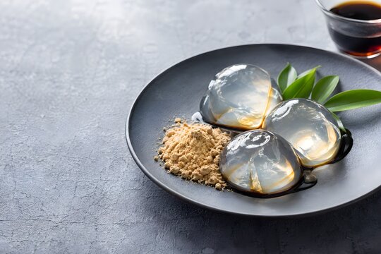Clear raindrop cake mizu shingen mochi served with kinako powder and brown sugar syrup