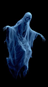 Ghostly translucent figure floating in dark eerie atmosphere with blue glow