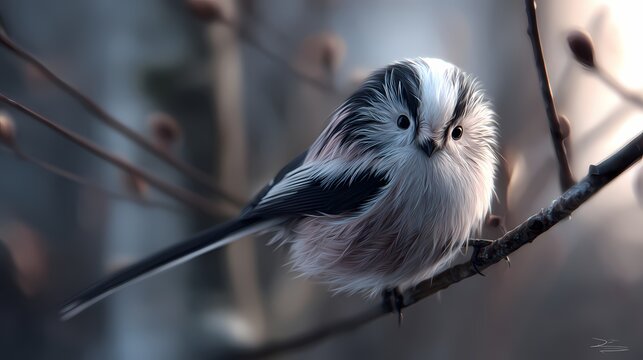 Close-up portrait of long-tailed tit perched on thin branch in soft natural light