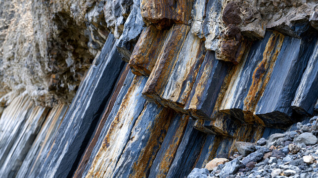 Volcanic basalt hexagonal column formation cliff face, Tertiary period lava flow cooling fracture geometry, columnar jointing producing near-perfect prismatic tessellation, geological timescale stru