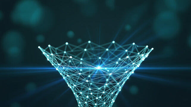 Glowing digital network funnel structure with bright light and bokeh effects on dark teal background