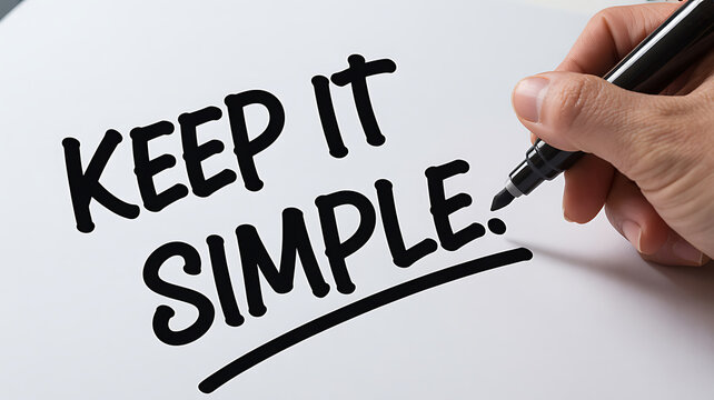 Hand holding black marker writing KEPITSIMPLE in bold black letters on white paper Keywords: keep it