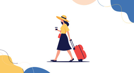 Fototapeta premium Young woman in a yellow shirt and sun hat walking with a red suitcase and holding a coffee cup for travel.