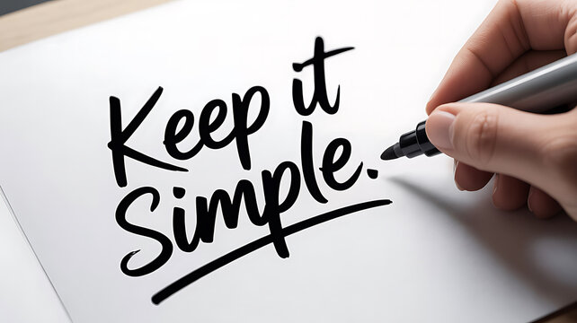 Hand writing the inspirational phrase Keep it Simple with a black marker on white paper close up