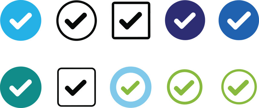 Check mark and tick icon set with circle square check boxes for approval verification success interface design