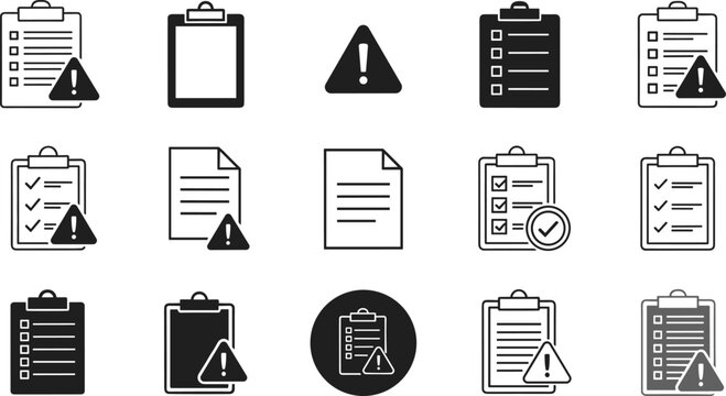 Clipboard error and compliance line icon set with warning alert exclamation document checklist verification test vector illustration design