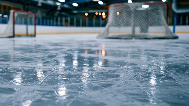 Freshly zamboni-groomed competition ice rink surface stretches in vast silence, pale arctic reflections rippling across the frozen expanse, hockey goal frames casting geometric shadows, overhead are