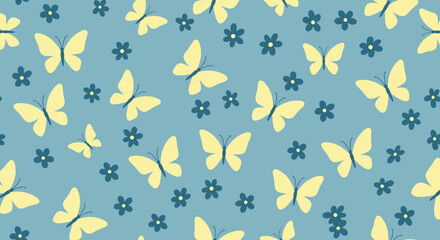 Fototapeta premium Charming seamless pattern of yellow butterflies and dark blue flowers scattered on a soft blue background perfect for seasonal spring decorations.