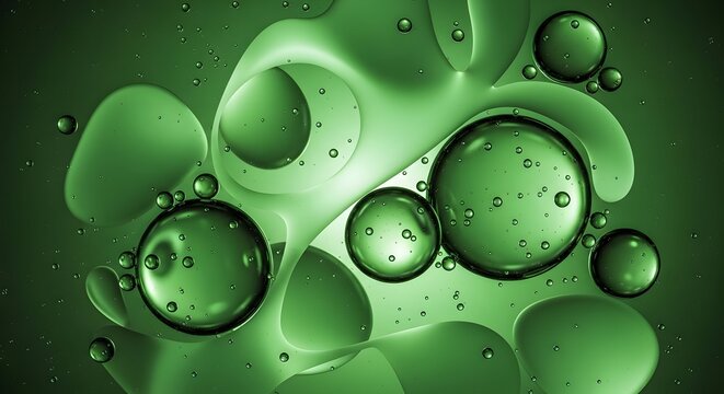 Oil droplets float suspended in a vibrant green liquid creating a series of circular patterns.