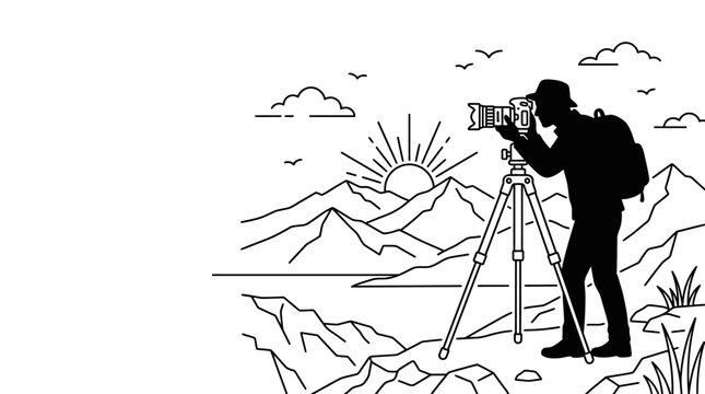Man and woman photographers with camera and tripod capturing sunset mountain landscape nature travel silhouette illustration professional photography equipment and lens