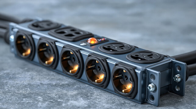 Industrial power strip with multiple earthed sockets aligned, vulcanized rubber cable entry points, surge protection indicator lamp, mounting bracket screw heads, electrical distribution hardware is