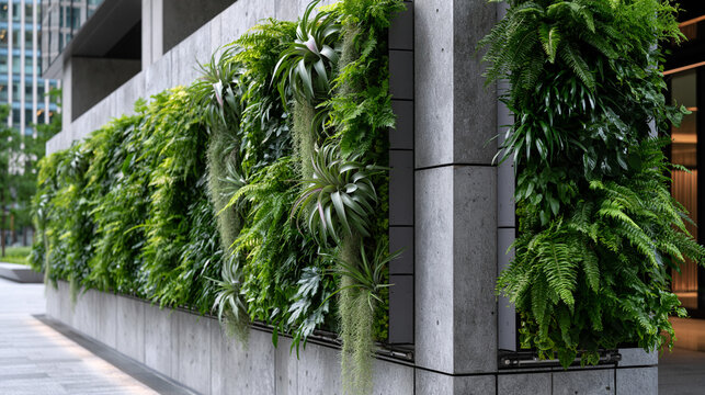 Modular living wall system covering full concrete facade, Tillandsia and Nephrolepis fronds layered in vertical hydroponic channels, moisture-misted foliage cascading between stainless irrigation ra