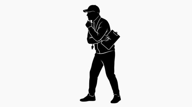 Silhouette of a person wearing a cap and carrying a messenger bag, captured in a thoughtful pose against a white background