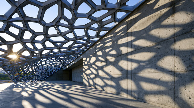 Parametric perforated aluminum facade panel casting intricate geometric shadow lattice across raw concrete interior wall, computational design algorithm producing organic voronoi cell apertures, obl