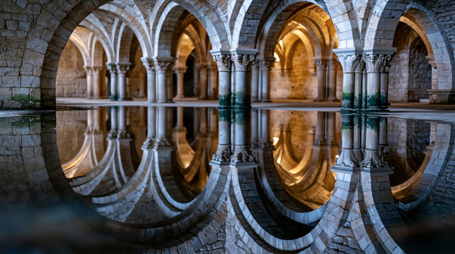 Reflection of cathedral nave arcade columns mirrored in a flooded crypt floor, still groundwater creating a perfect inverted symmetry of Romanesque arches, moisture-blackened stone capitals doubling