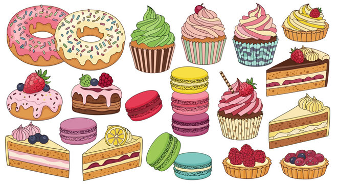 Colorful collection of sweet desserts including donuts, cupcakes, macarons, and cake slices.