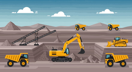 Pixel Art Mining Operation: Excavator, Dump Trucks, and Bulldozer in Quarry © Aji
