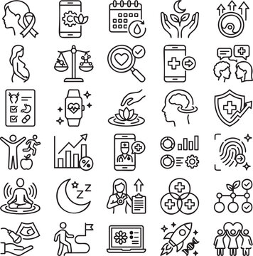 Women&rsquo;s Health & Femtech Line Icons Set &ndash; 30 Minimal Black Outline Vector Icons for Digital Healthcare, Wellness & Femtech Apps