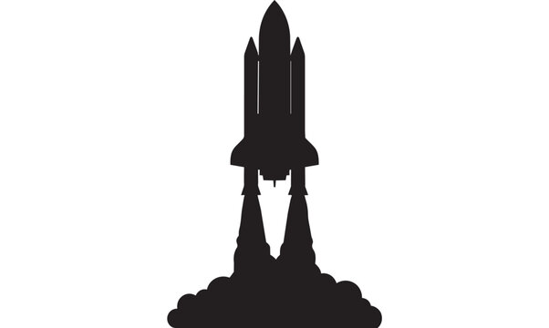 Black silhouette of a rocket launching into space
