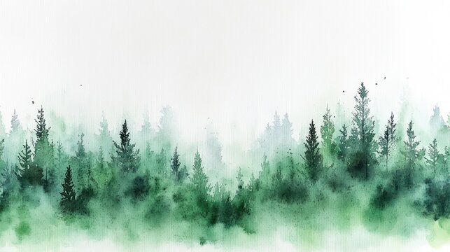 Lush trees blend softly with dawn's mist their green silhouettes rising gently