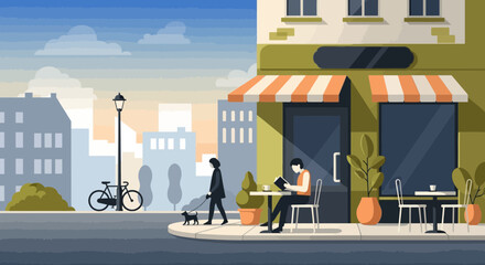 Urban cafe scene with people walking dog and reading book in city street illustration © Aji