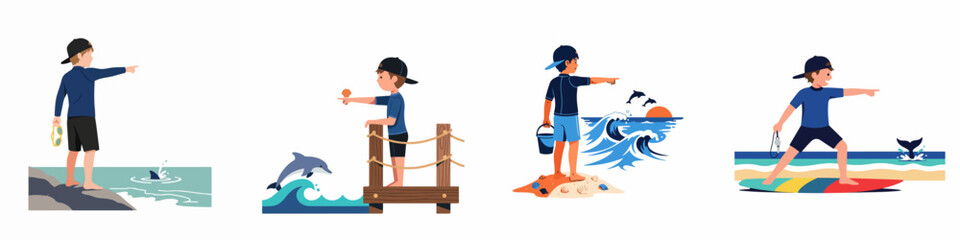 Fototapeta premium Set of flat illustrations showing a young boy's ocean adventures, spotting sea creatures like sharks, dolphins, and whales from the shore and pier.