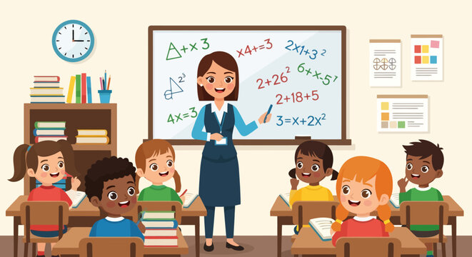 Teacher and diverse students in a classroom learning mathematics.