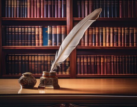 an antique quill and inkwell on a table with a backdrop of a bookcase highlighting the essence of world poetry day