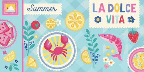 Italian Summer Sticker Set Floral Ornament And Marine Life Vector Illustration © Ankan