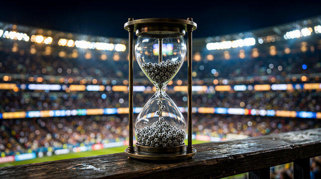 Soccer Balls Hourglass Countdown in Stadium for Football Tournament and Final Match