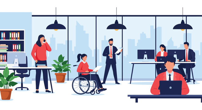 Modern inclusive office environment shows colleagues working together, featuring a woman in a wheelchair using a laptop.
