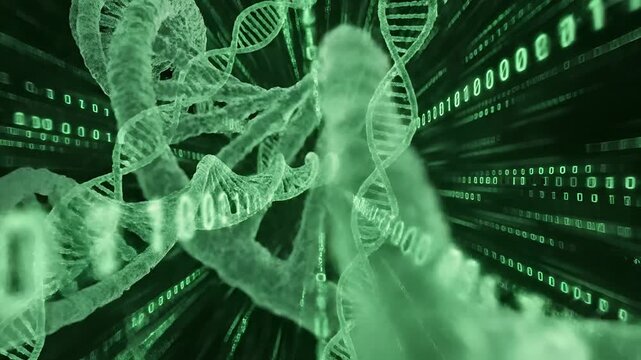 Digital DNA Helix and Binary Code Animation in Futuristic Science Concept.