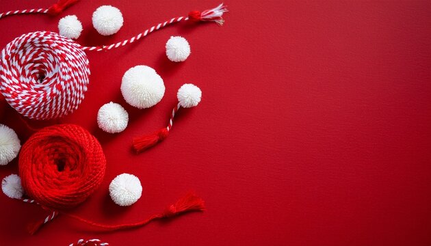 greeting card and banner design for baba marta day with red background with red and white martisor rope and white flower decoration