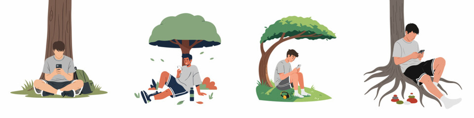 Fototapeta premium Collection of Young Men Sitting Under Trees and Using Smartphones in a Park, Flat Illustration Set