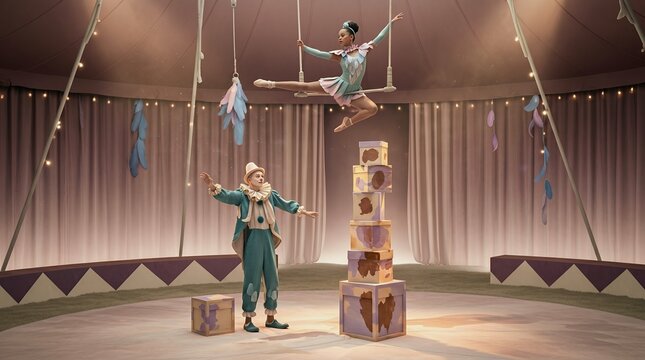 Beautiful vintage circus performance with professional female aerial trapeze gymnast acrobat and traditional funny clown artist on arena stage decoration retro fairytale concept