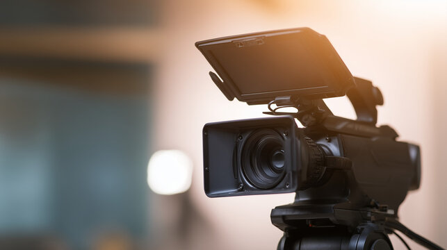 Close-up of a professional video camera used for broadcasting, filmmaking, content creation, and television production. Ideal for media, journalism, entertainment, and digital communication concepts.