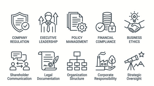 Business management icons set depicting various corporate functions and strategic oversight.