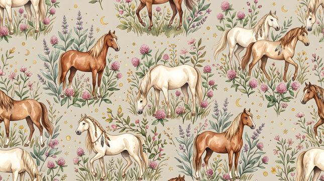 Seamless boho watercolor pattern with wild horses, clover flowers, and crescent moons on a beige background. Cute equestrian rustic surface design digital illustration for kids apparel and fabric.