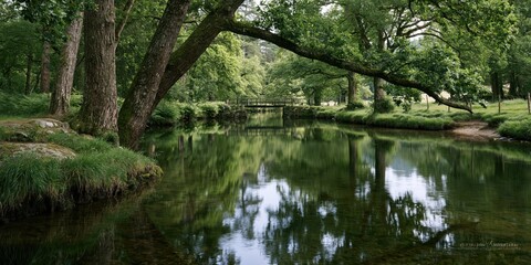 Fototapeta premium A peaceful river flows gently through a lush green landscape, reflecting the surrounding trees in its calm waters, creating a serene and tranquil atmosphere for relaxation.