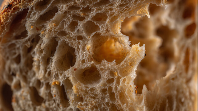 Highly detailed macro photograph of artisan sourdough bread interior showing airy crumb structure, baking texture and organic food background.