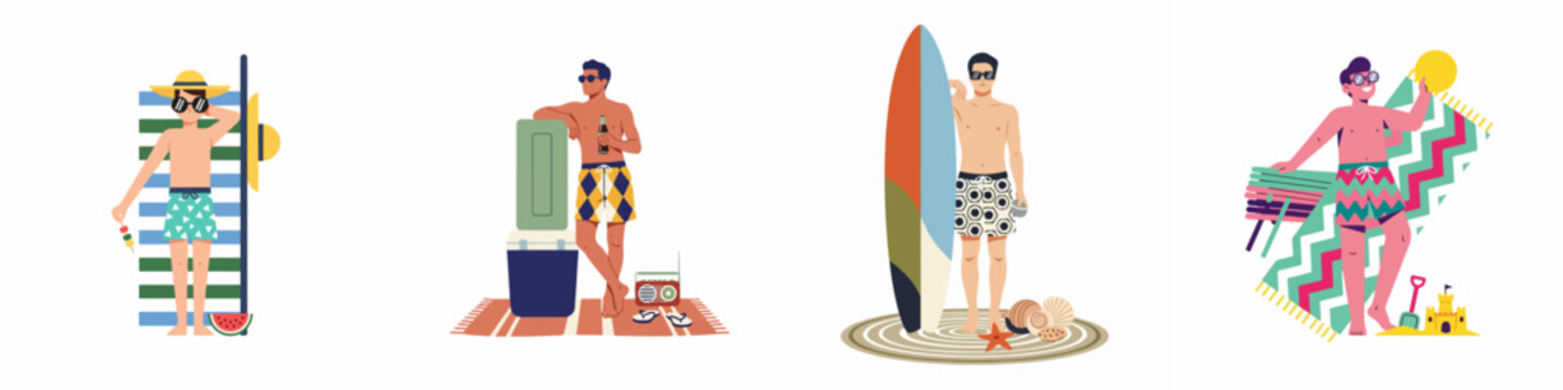 Four young men enjoying summer beach activities including surfing, sunbathing, and playing with a beach ball in a flat vector illustration style.