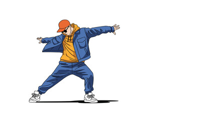 Fototapeta premium Young man in trendy streetwear and a cap performs an energetic breakdance move, expressing urban youth culture and talent.